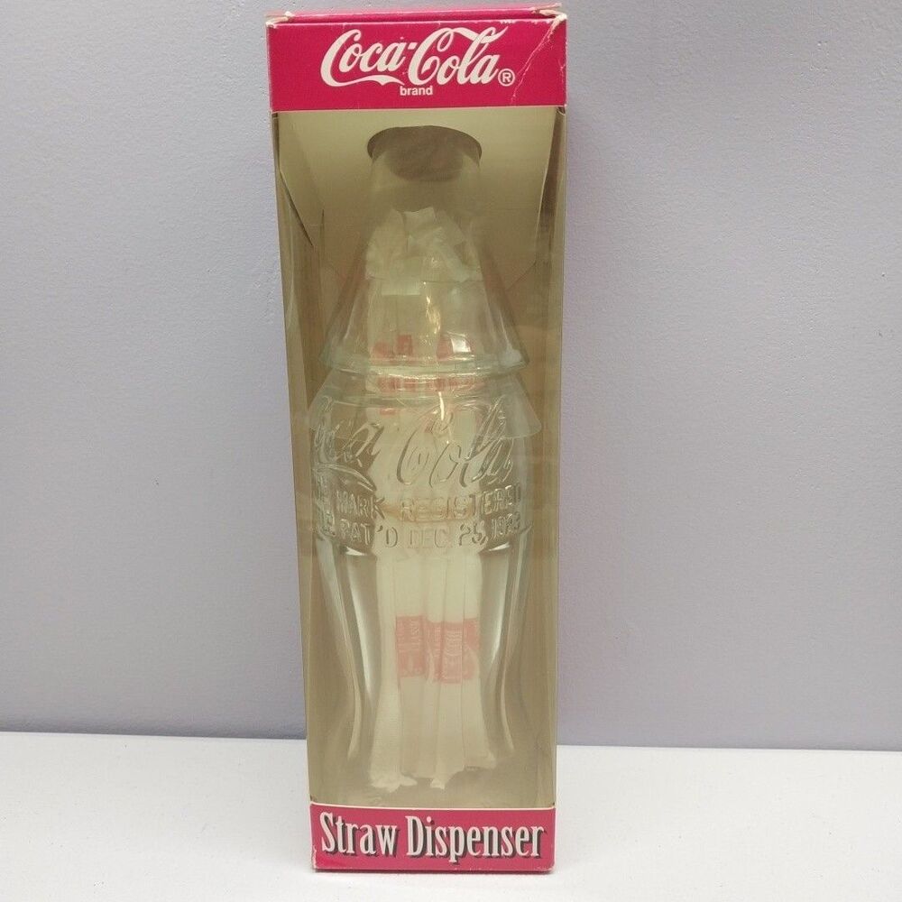 Coca Cola Glass Bottle Straw Dispenser  1995 NOS w/ Box & Wrapped Coke Straws